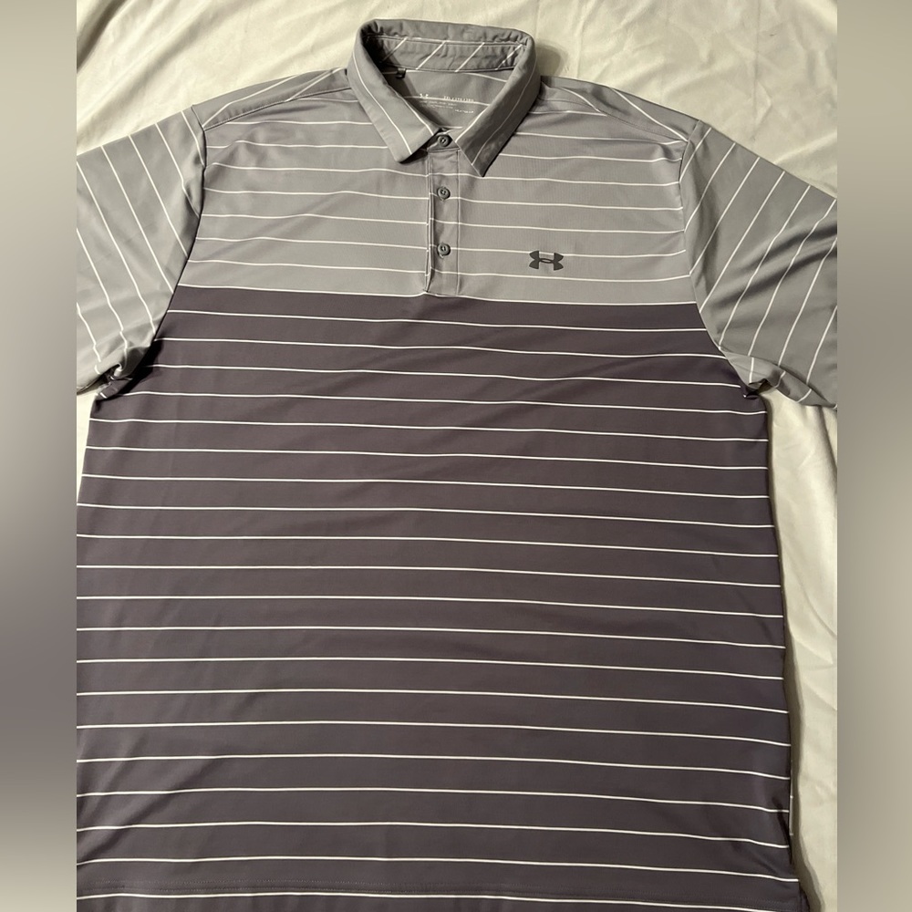 Under Armour Heatgear Short Sleeve Polo Gray w/White Stripes Sz 2XL-Like New!